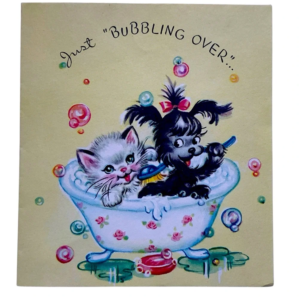 Vintage, 1950 Era Birthday Card Kitten & Puppy Bath Time “Just Bubbling Over”